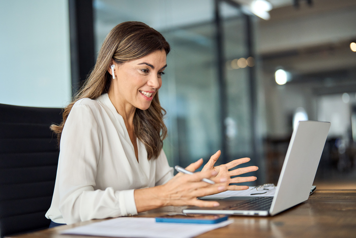 Woman engaged in a one-way video interview